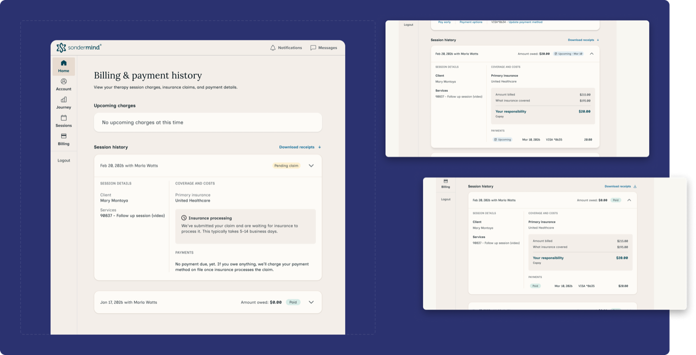 Three-screen billing page overview showing desktop and mobile views